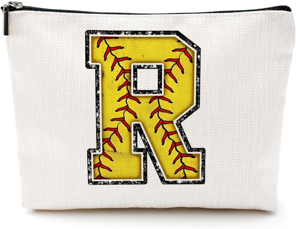 Initial Makeup Bag Monogrammed Cosmetic Bag Yellow Letter R Zipper Pouch Softball Accessories for Girls Women Player Coach Friend Graduation Birthday Gifts