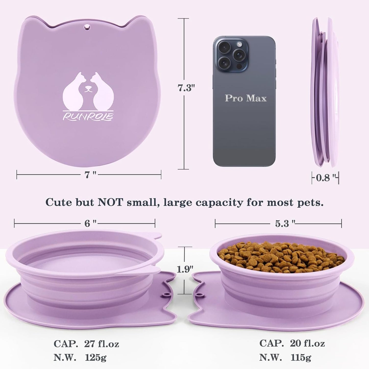 RUNROLE 2-in-1 Collapsible Silicone Dog Travel Bowls, Slot Together and Use Separately, Portable Pet Food Water Bowls, Foldable Cat Feeding Watering Dishes, 20OZ+27OZ(Purple)