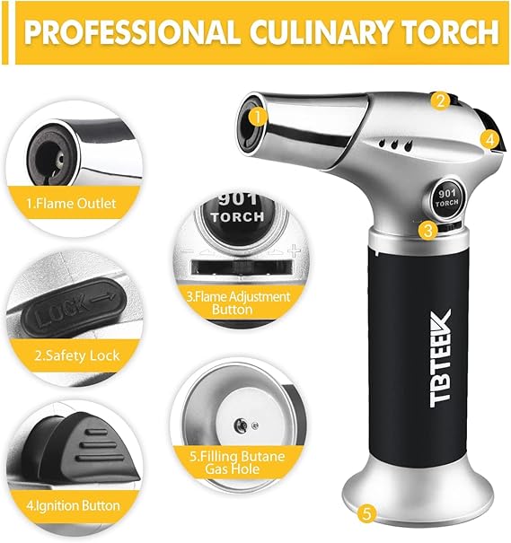 TBTEEK Butane Torch, Kitchen Torch Cooking Torch with Safety Lock & Adjustable Flame for Cooking, BBQ, Baking, Brulee, Creme, DIY Soldering(Butane Not Included)