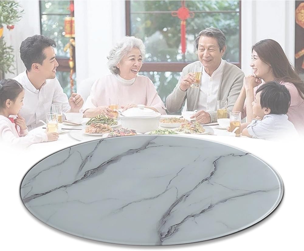 Large Lazy Susan Tempered Glass Turntable 24in 28in, Round Marble Textures Tabletop Rotating Tray Dining Table Serving Tray, 2 Colors(White,60cm(24in))