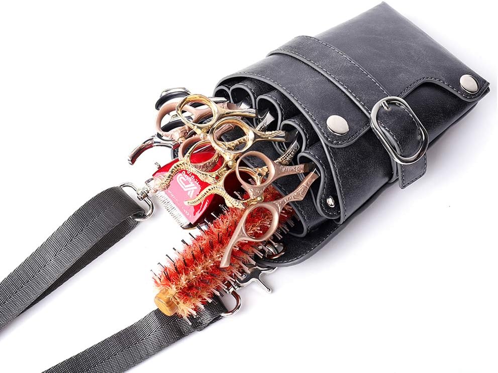 Scissors Pouch PU Leather Salon Barber Hairdressing Scissors Holster Hair Stylist Tools Bag Comb Shear Holster Waist Shoulder Belt (Grey)