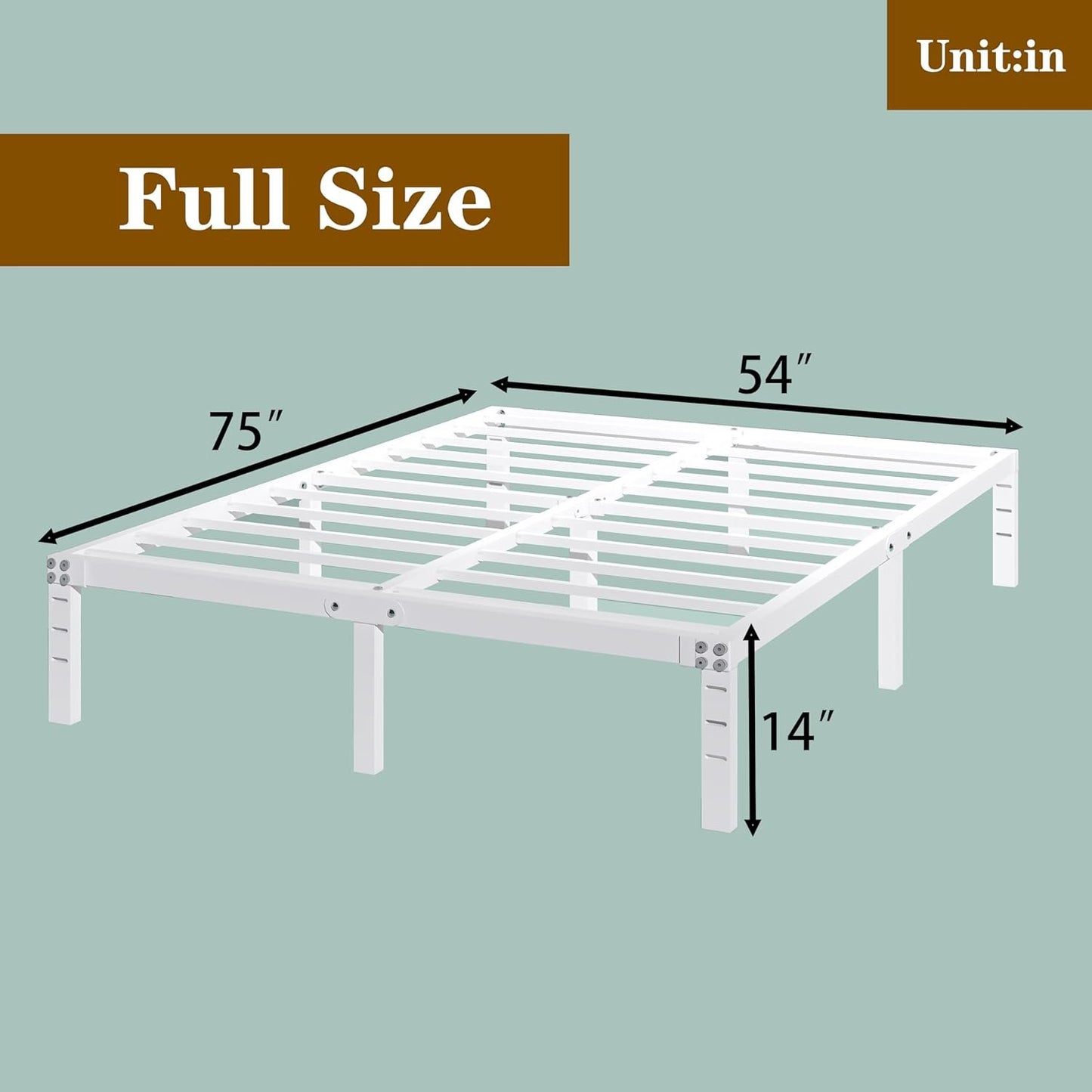 14 Inch Metal Platform Bed Frame No Box Spring Needed Heavy Duty Steel Slat Bed Frame Underbed Storage,White (Full)
