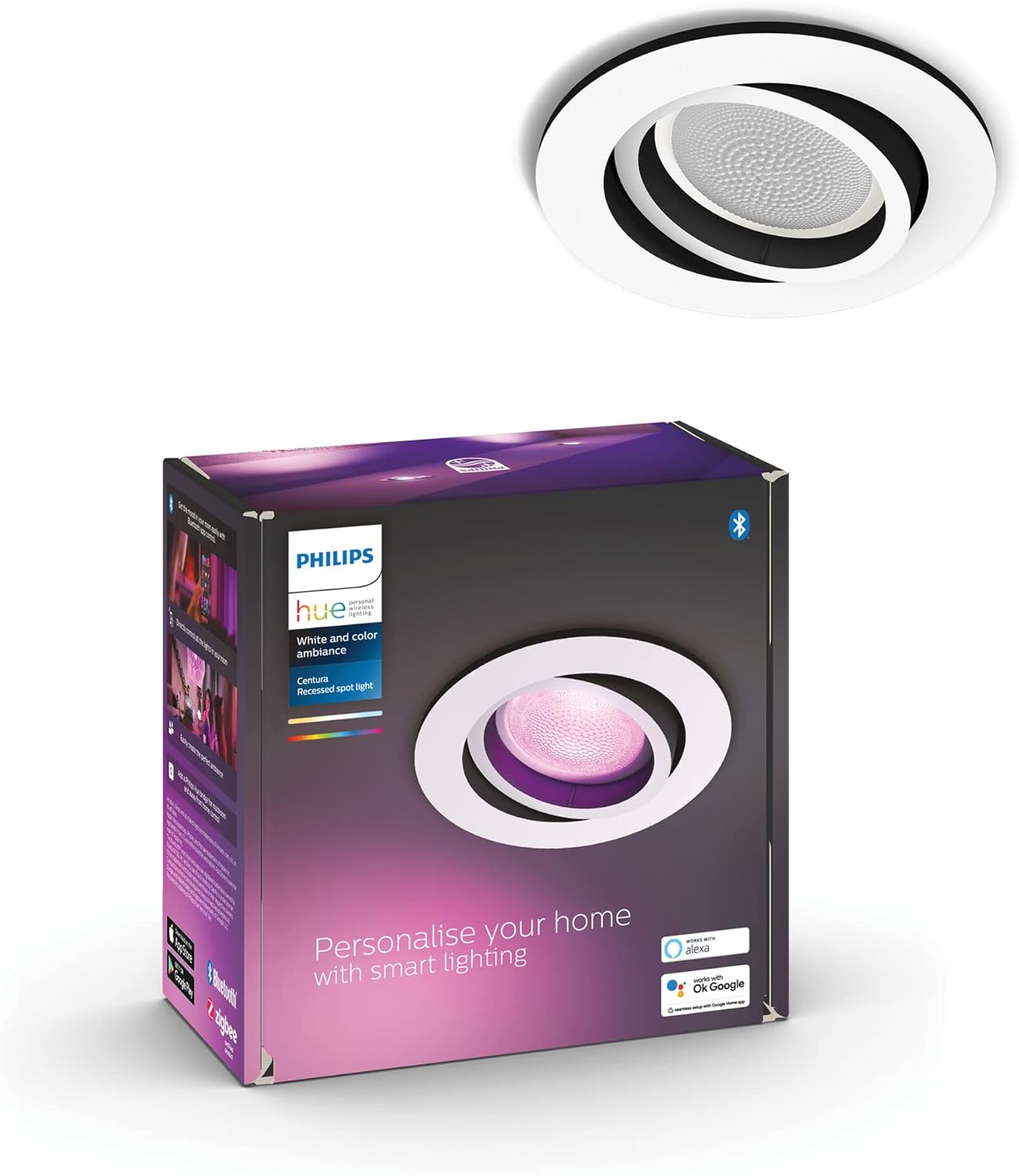 Philips Hue White And Color Ambiance Centura Smart Recessed Spotlight Round Base, Bluetooh, 6 W, White, 1 Unit, Pack of 1