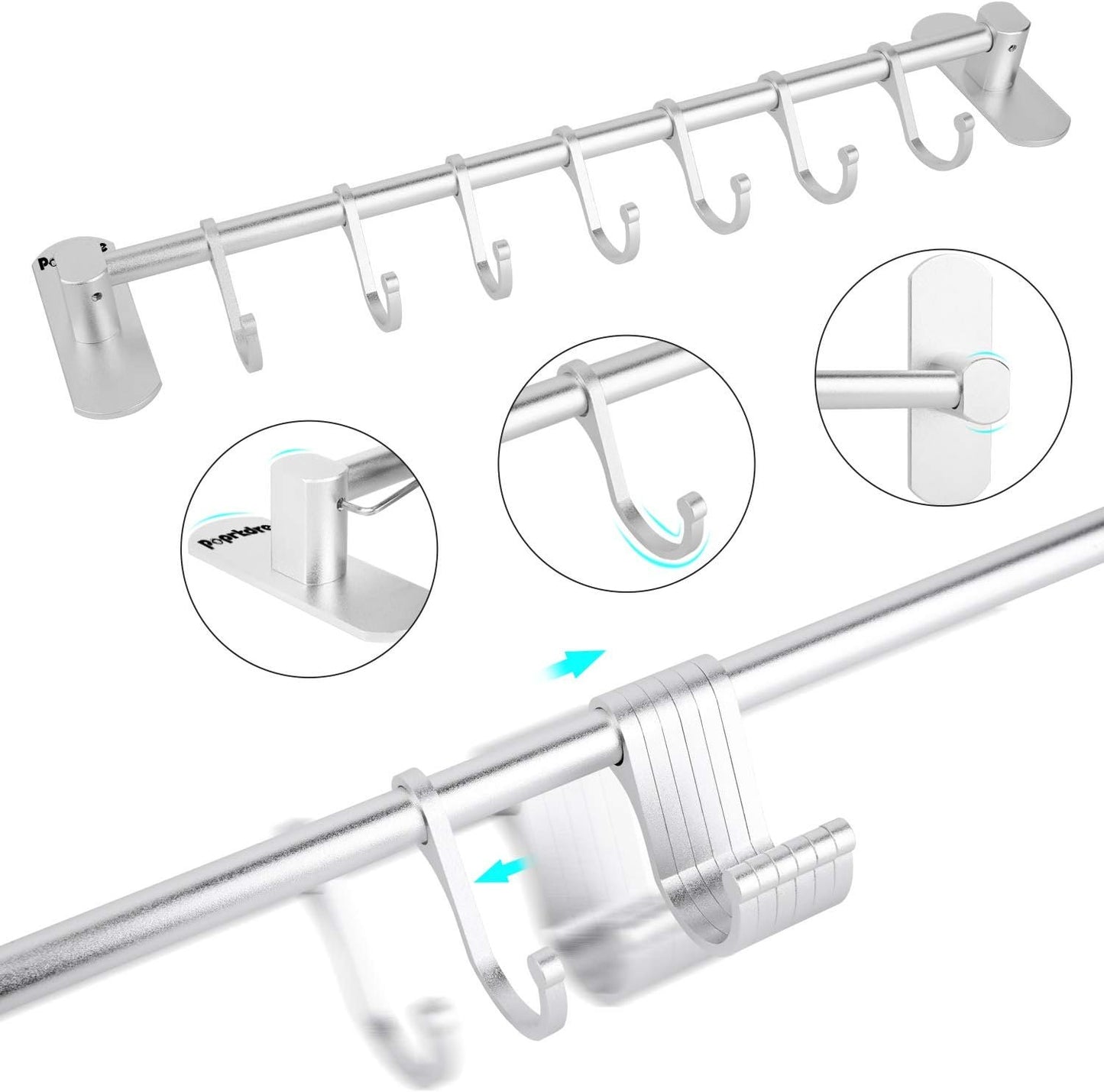 Poprkdre Kitchen Utensil Holder with 7 Hooks, 40 cm Kitchen Utensil Bar, Kitchen Utensils Holder for Kitchen Gadgets / Pot/Ladle, Aluminium, Matt Silver
