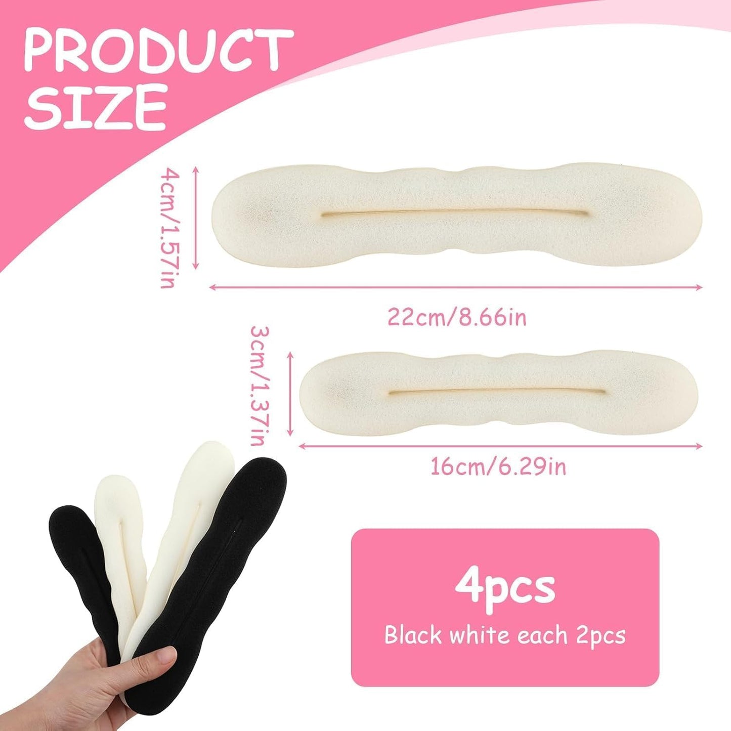 Set of 4 Sponge Bun Maker - Lightweight Tools for Fast and Sophisticated Hairstyles - Easy to Use Without Hairpins or Ribbons - Ideal for Weddings, Parties and Daily Use (Black, White)