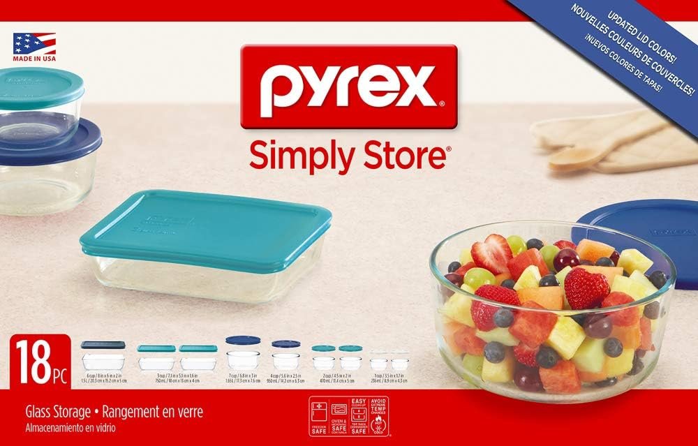 Pyrex 1128223 Simply Store Glass Food Containers with BPA Free Plastic Multi-Coloured Lids, (18-Piece set)