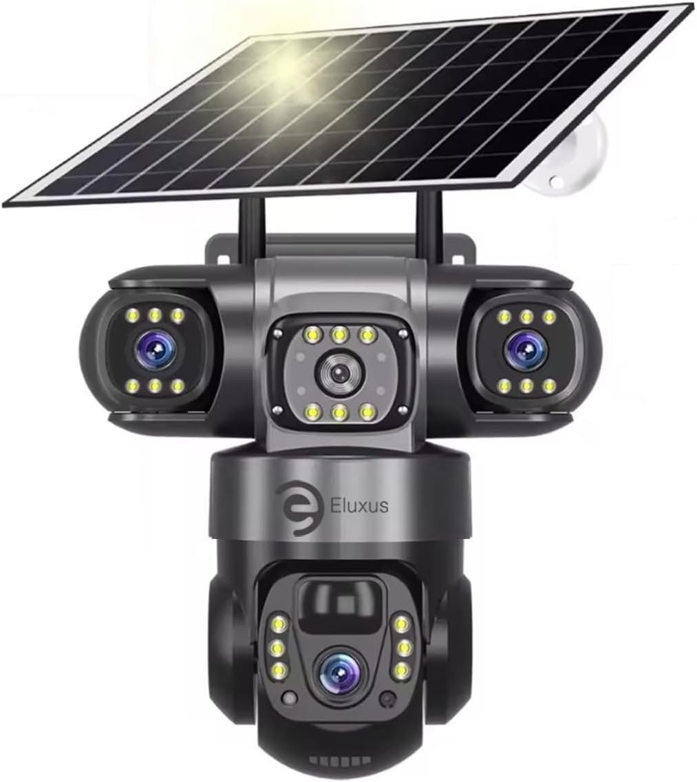 Eluxus Solar Security Camera 360° Rotatable, 3 Camera Screens, Waterproof, 4K HD, Motion Detection, 2-Way Audio, App Control, Lithium Battery, Cloud & SD Storage – Indoor/Outdoor CCTV (with Solar)