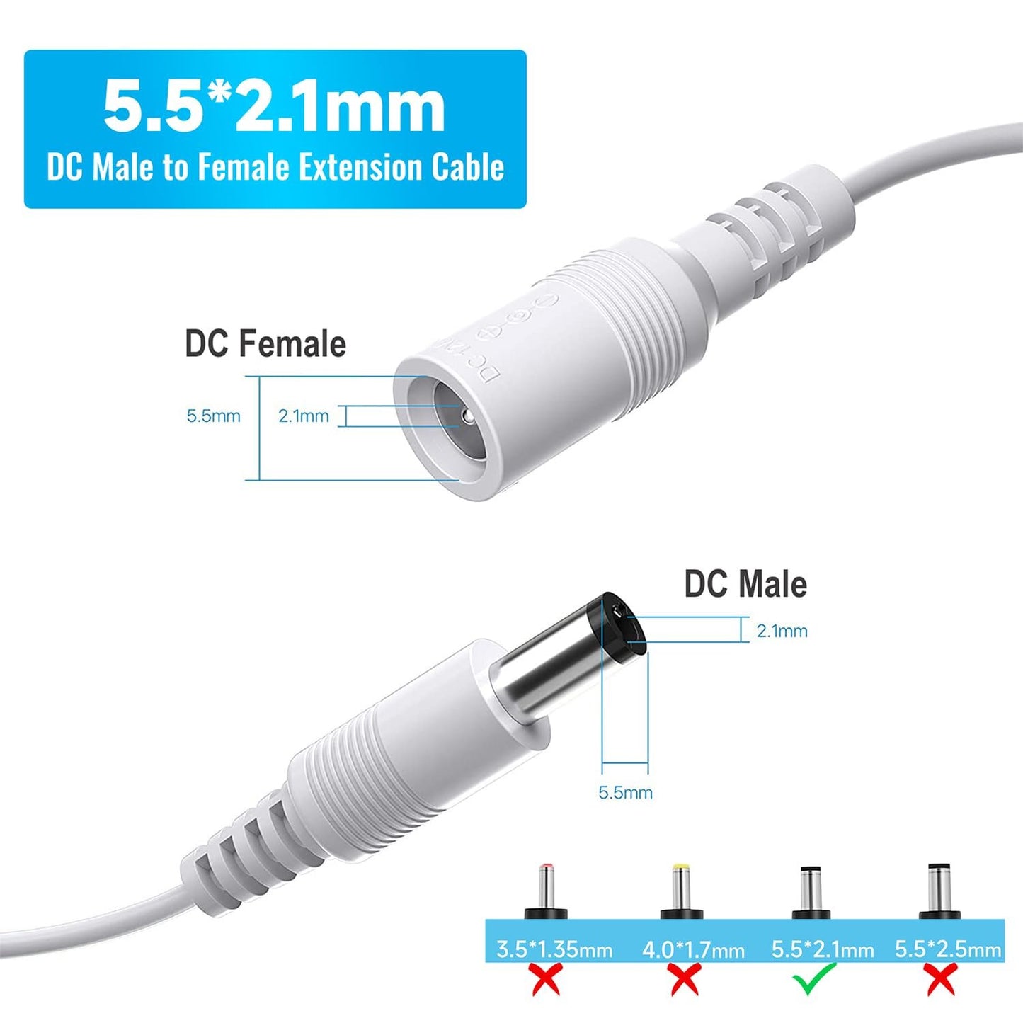 2 Pack 33ft 10M Power Extension Cable, 2PCS DC 12V 2.1mm x 5.5mm Power Adapter Extension Cord, Compatible with 12V DC Power Supply Adapter or Wall Charger for CCTV Security Camera(2Pack, White)
