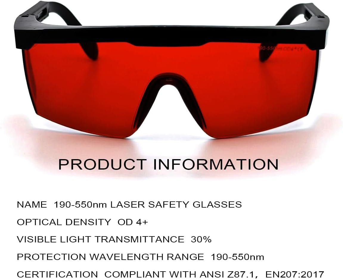 FreeMascot OD 4+ 190nm-550nm Wavelength Laser Safety Glasses for Typical 405nm, 445nm, 450nm,520nm,532nm Laser Light for Hair Removal Laser Treatment Eye Protection Glasses (Red)