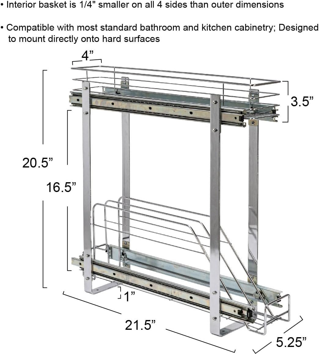 Household Essentials Glidez Multipurpose Chrome-Plated Steel Pull-Out/Slide-Out Storage Organizer for Cookware and Bakeware - 2-Tier Design - Fits Standard Size Cabinet or Shelf, Chrome