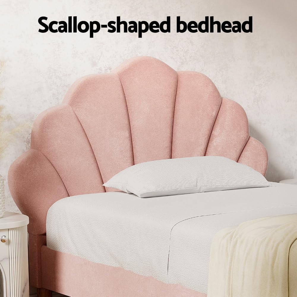 Artiss Bed Frame King Single Scallop-Shape BedHead Beds Base Pink Velvet Fabric