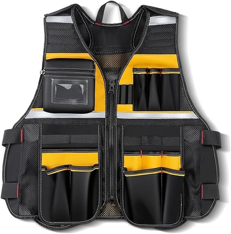 MISSLO Tool Vest Reflective Safety, 17 Pockets, Adjustable Construction Work Tool Vest for Men Electrician Carpenters Handyman
