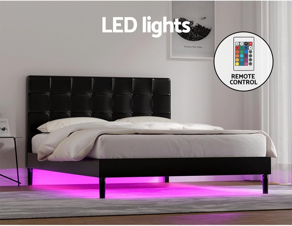 Artiss Double Bed Frame Platform Wooden Base Beds with LED Lights Bedroom Room Decor Home Furniture, Upholstered with Faux Linen Fabric + Foam + Wood, Modern Design Grey