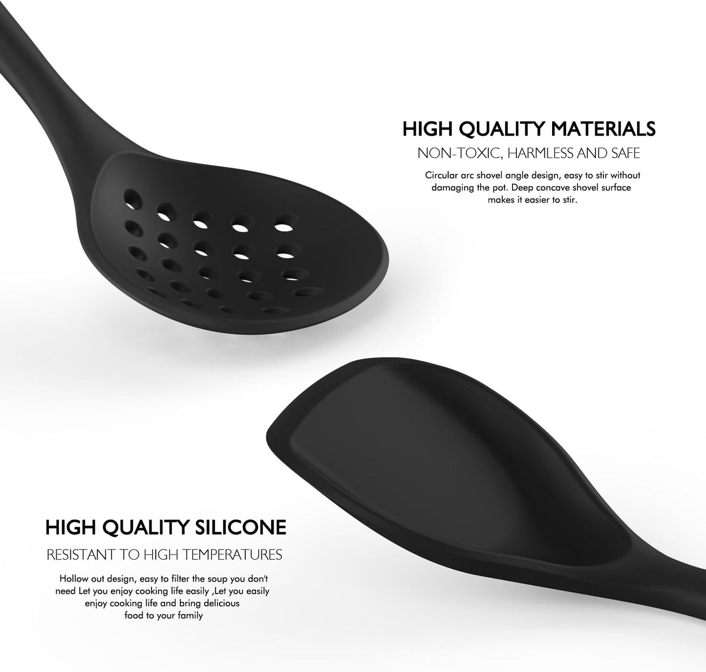 Silicone Cooking Utensils - Kitchen Utensil Set with Holder,Slotted/Solid Spoon,Turner,Spatula,Pasta Server,Deep Soup Ladle,Wooden Handles Kitchen Gadgets Tools Set,Non-Stick Cookware Friendly (Grey)