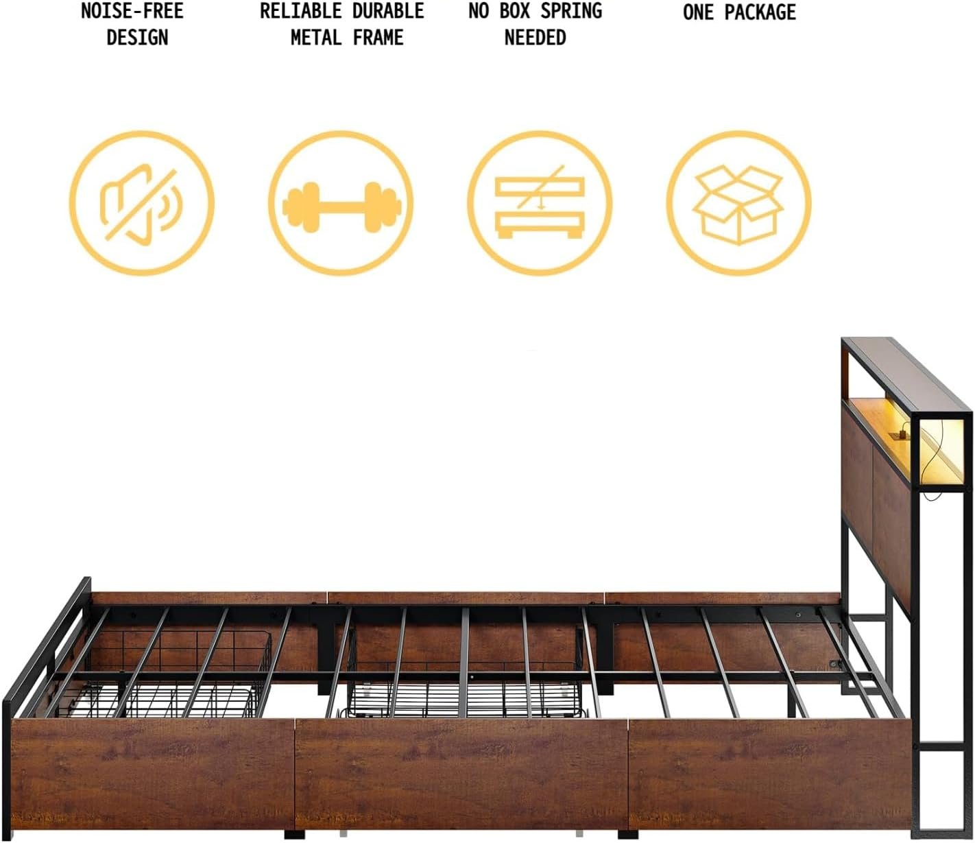 Bed Frame with Storage Headboard & 4 Drawers - LED Charging Station, Silent Metal Platform, No Box Spring Needed (Brown, Queen (U.S. Standard))