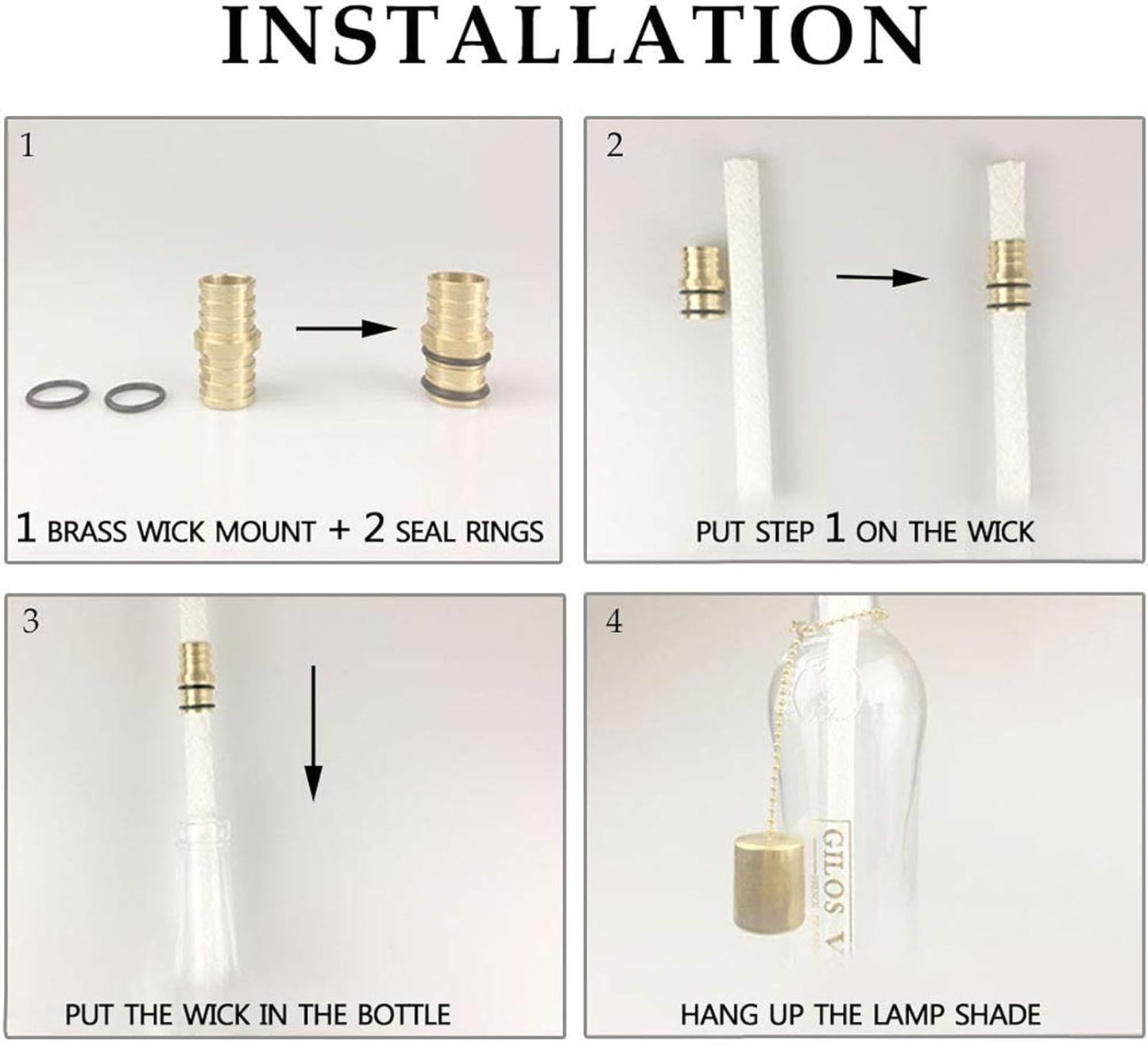 Brass Torch Wick Kit – Oil Lamp Replacement Set with 8 Long-Lasting Wicks, Copper Cap & Brass Mount | Wine Bottle Torch Hardware for Patio, Garden, Tabletop Lighting and Outdoor Ambience