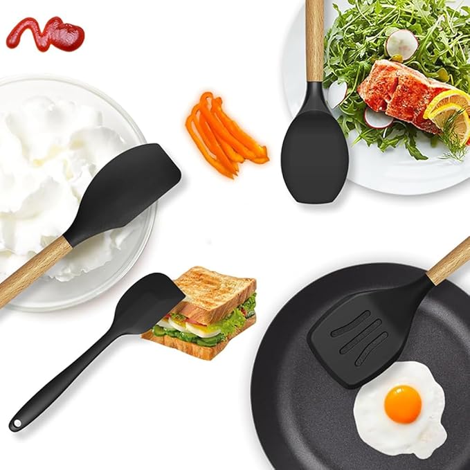 15-Piece Silicone Wooden Handle Kitchen Utensils Set, Cooking Tools with Holder, Kitchen Gadgets for Non-Stick Cookware