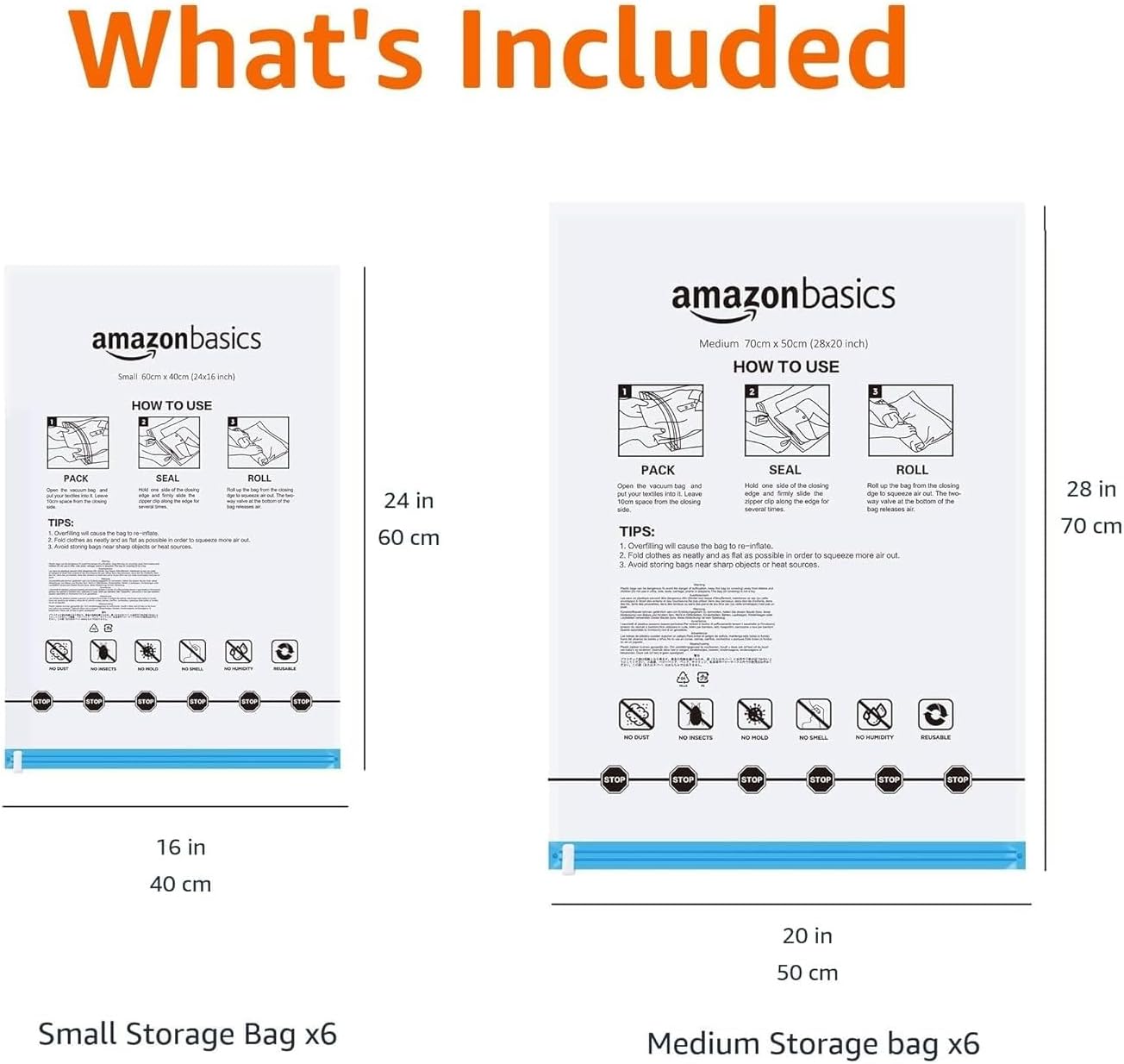 Amazon Basics Roll-Up Travel Storage Bags, 12 Packs of 6 (Small & Medium), Multiple, Clear