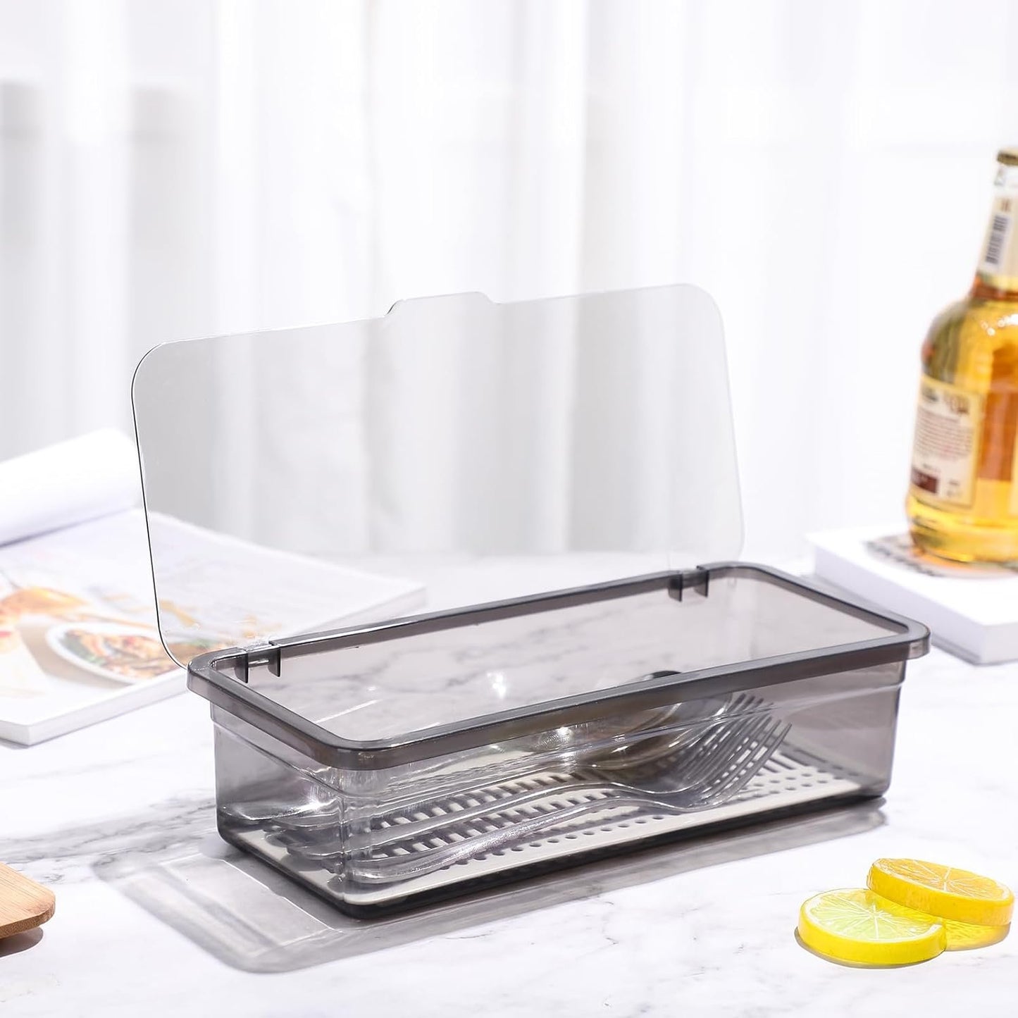 Flatware Tray Kitchen Drawer Organizer with Lid and Drainer- Plastic Kitchen Cutlery Tray and Utensil Storage Container with Cover- - Dinnerware Holder