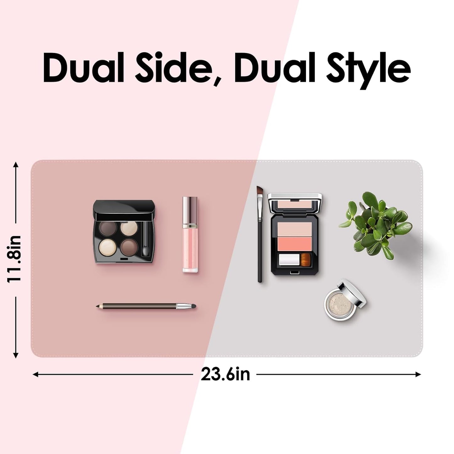 Makeup Mat for Vanity to Protect Desk Top, Dual-Sided Makeup Mat, Easy to Clean Desk Pad - Waterproof and Oilproof Vanity Accessories, 23.6 x 11.8 in (Pink and Silver)