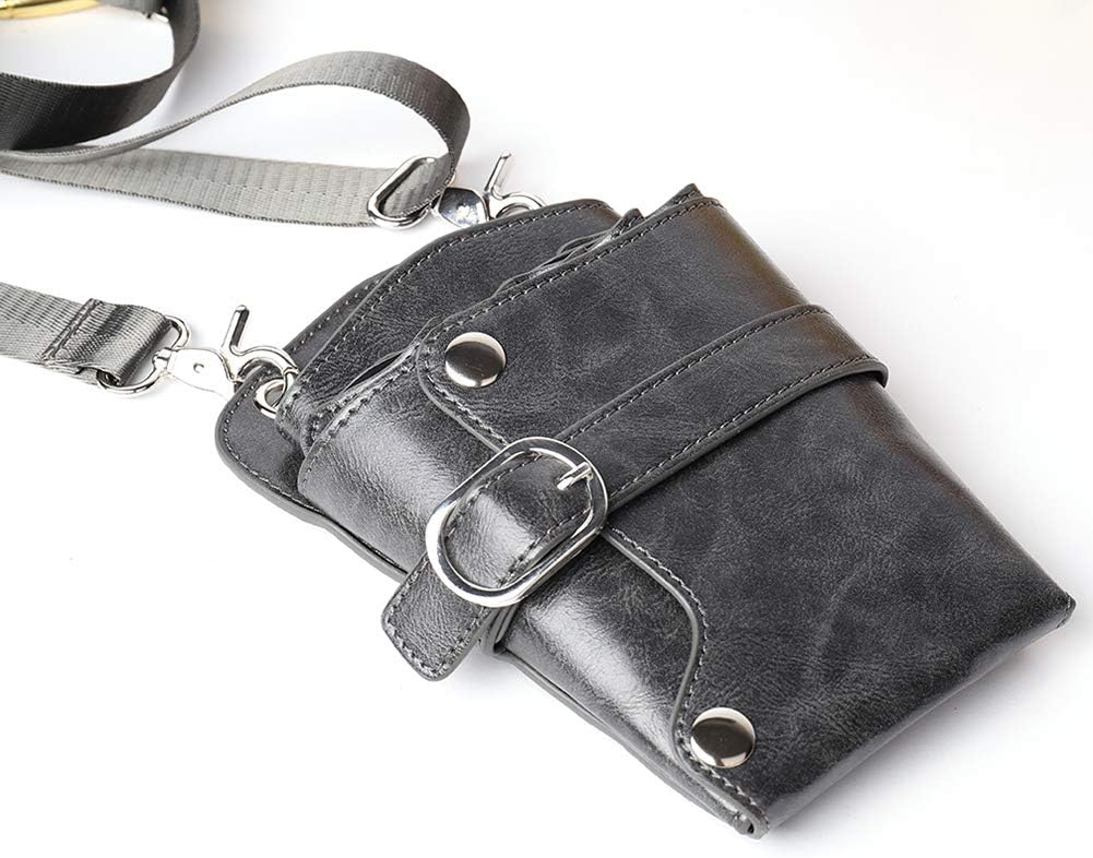 Scissors Pouch PU Leather Salon Barber Hairdressing Scissors Holster Hair Stylist Tools Bag Comb Shear Holster Waist Shoulder Belt (Grey)