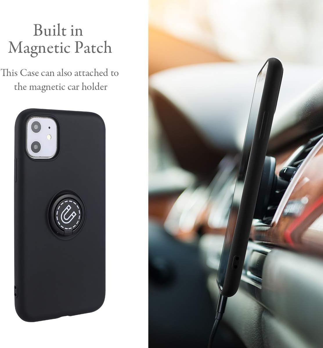 UEEBAI Case for iPhone 11, Slim Liquid Silicone Phone Case with 360 Rotatable Ring Holder Kickstand wtih Magnetic Car Mount Gel Rubber Shockproof TPU Bumper Case Cover for iPhone 11 6.1 - Black