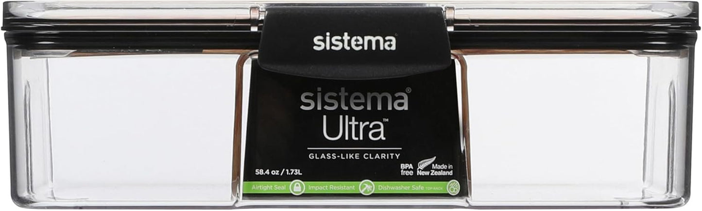 Sistema Ultra 1.73L Rectangle Food Storage Container | Stackable | Airtight Pantry Storage Container with Locking Clips | BPA & Phalate Free | Clear with Black Accents