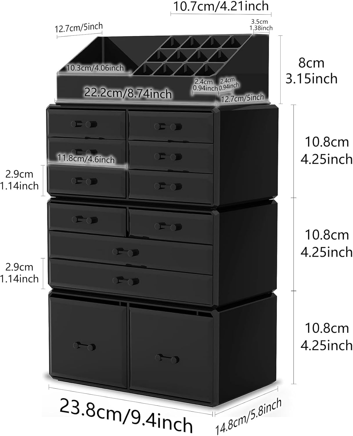 Readaeer Makeup Cosmetic Organizer Storage Drawers Display Boxes Case with 12 Drawers (Black)