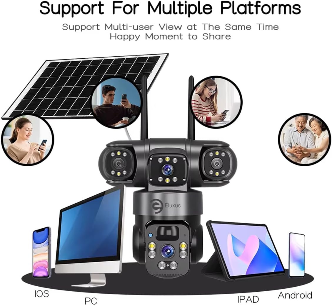 Eluxus Solar Security Camera 360° Rotatable, 3 Camera Screens, Waterproof, 4K HD, Motion Detection, 2-Way Audio, App Control, Lithium Battery, Cloud & SD Storage – Indoor/Outdoor CCTV (with Solar)