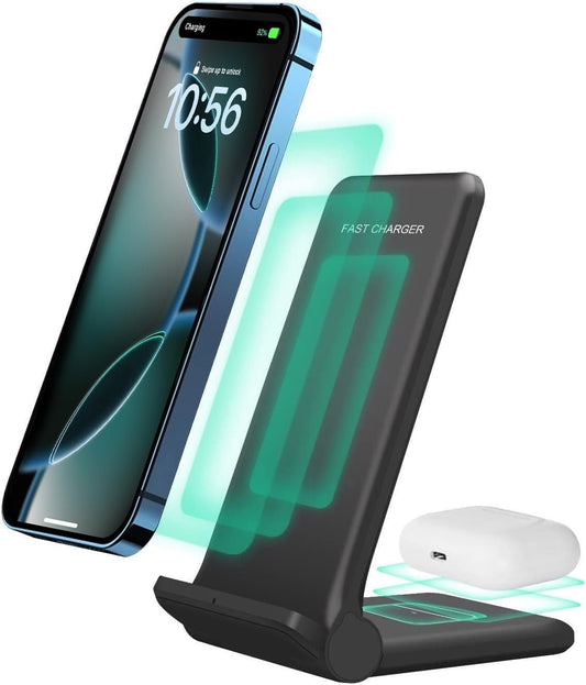 2 in 1 Wireless Charger,Foldable 20W Fast Wireless Charging Stand Compatible with iPhone 16/16 Pro/15/14/13/12/11/SE/AirPods,Dual Phone Induction Charge Station for Samsung,Pixel,Xperia,LG