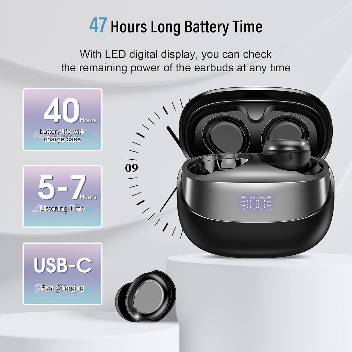 Sleep Earbuds Bluetooth 5.4 Sleep Headphones in Ear, Mini Wireless Earbuds for Side Sleeper, 47H Playtime Noise Cancelling Earphones with LED Display, HD Clear Calls, IPX7 Waterproof Ear Buds, Black