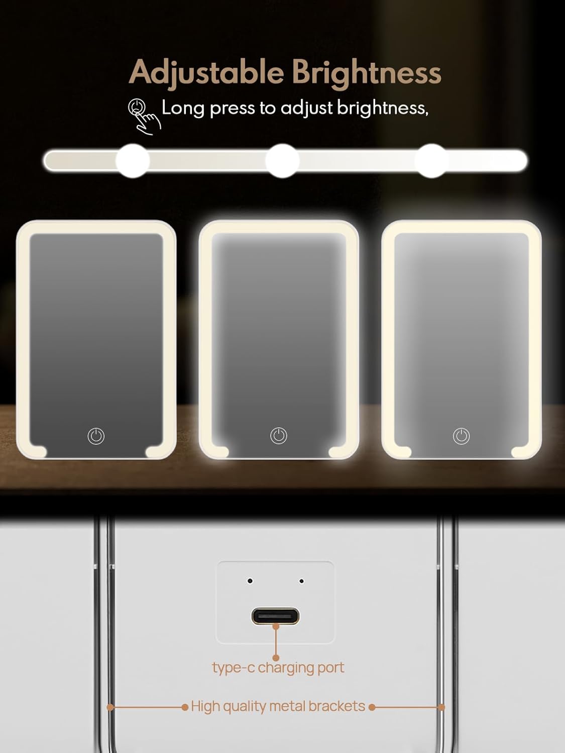 Qislee Travel Makeup Mirror with Lights, 3 Color Modes, Desk Mirror with Foldable Stand, Touch Dimming, Perfect Travel Accessory, White