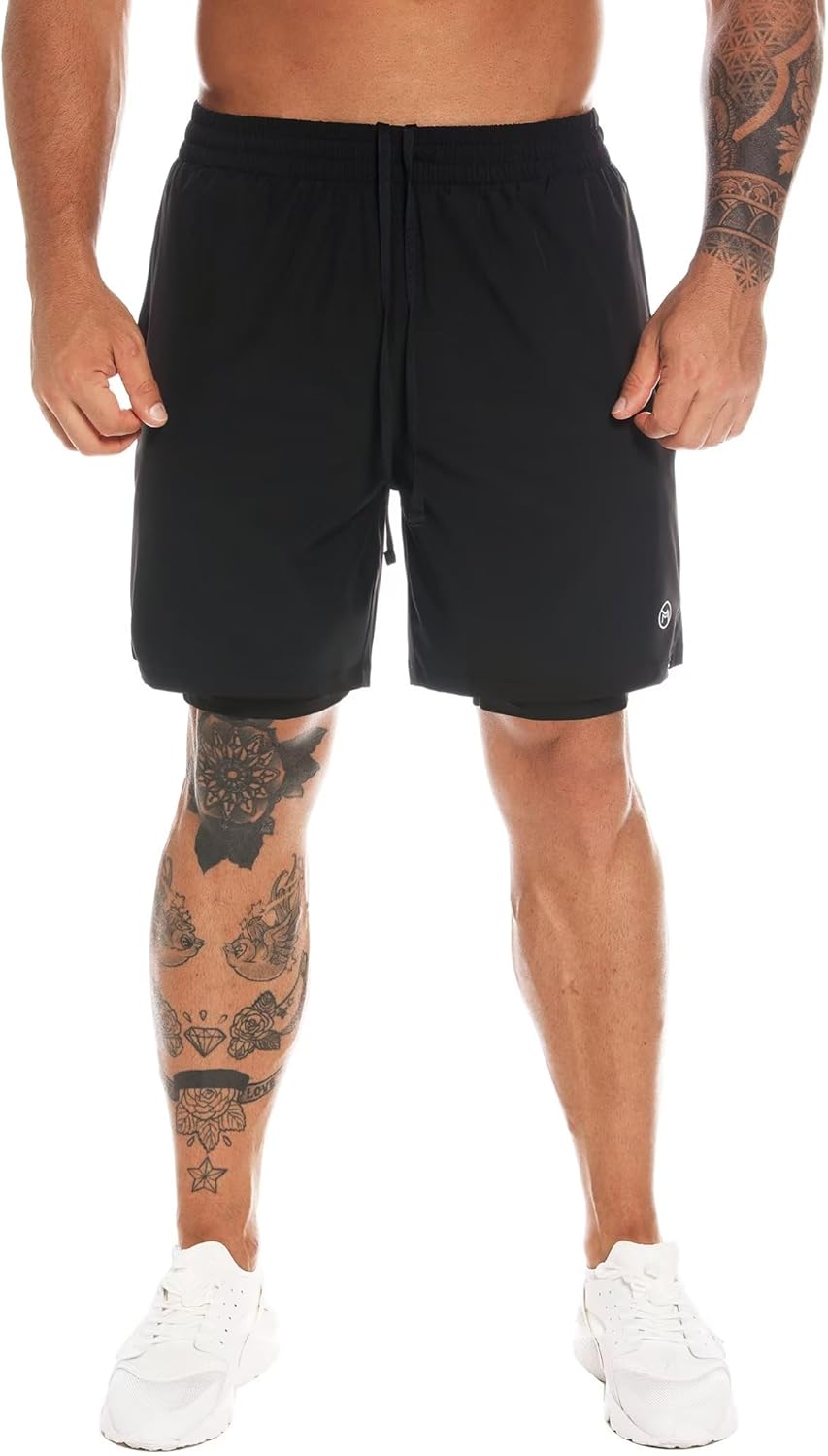 MOVEUP 2 in 1 Gym Running Shorts 7" Quick Dry Spandex Shell Fabric Compression Lining Sport Shorts Basketball Shorts Active Fitness Shorts Workout Training Shorts with Zipper Pocket for Men