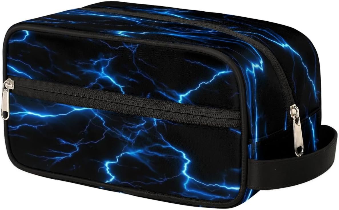 Blue Lightning Bolt Hanging Toiletry Bag,Travel Hygiene Kits for Boys Mens,Waterproof Makeup Carry-on Bags,Cosmetic Bag,TSA Approved Shave Dopp Kit for Toiletries Shower Bathroom Accessories Gifts,
