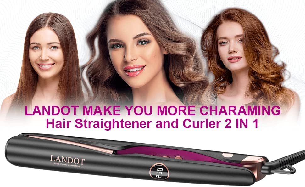 LANDOT Hair Straightener and Curler 2 in 1 - Twist Straightening Curling Iron Combo - Flat Iron Curling Iron in One for Curl Wave Straighten Hair