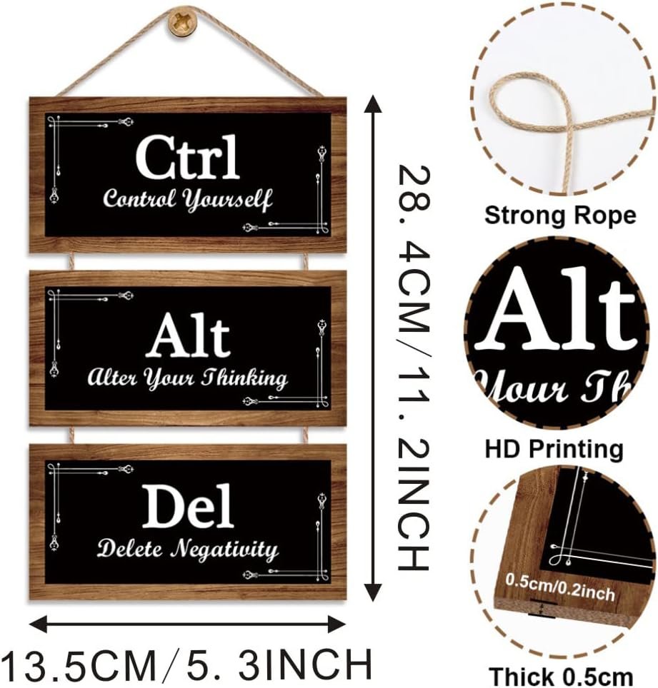 CHDITB Inspirational Rustic CTRL ALT DEL Wood Sign Decor,(11”X5.3”),Alter Your Thinking Office Wall Decor,Motivational Sayings Wooden Hanging Wall Plaques for Home Office Living Room Wall Art Decor