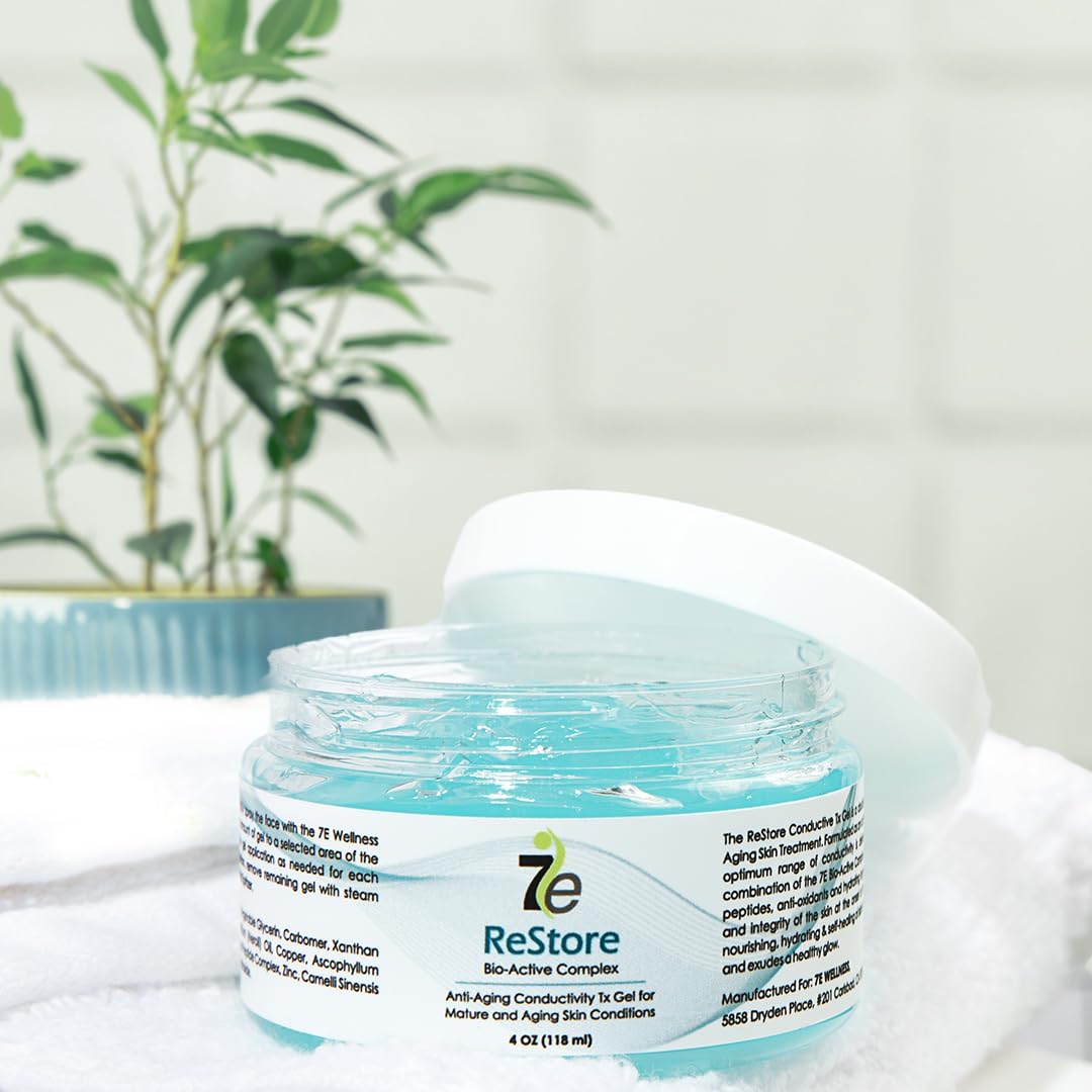 7E Wellness ReStore Conductive Gel with Bio-Active Complex - 4oz - Facial Skin Care Products with Green Tea Extract, Hyaluronic Acid, and Collagen Peptides - Anti Aging and Skin Tightening