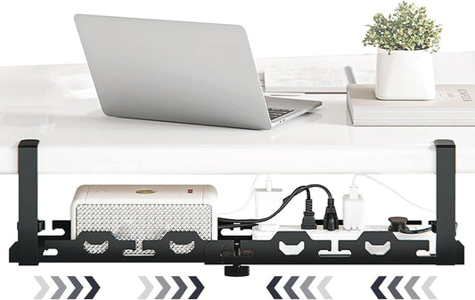 Bonaler Under Desk Cable Management Tray,No Drill Retractable Clamp Mounted Desk Cable Cord Organizer for Desk,Sturdy Metal Cable Tray Basket for Home Office Computer,Black