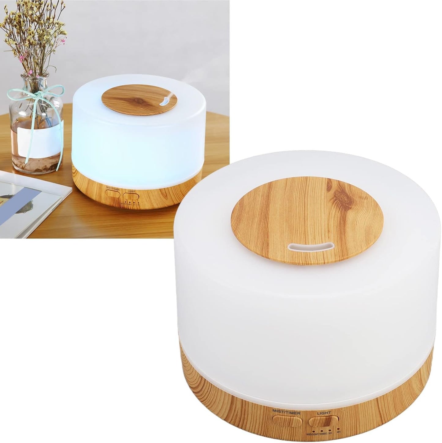 Portable Desk Humidifier, 500ml Wood Grain Air Humdifier, Low Noise Aromatherapy Diffuser with 7 Color LED Light and Remote Control, Auto Shut Down Aroma Diffuser(US Plug 110-240V)