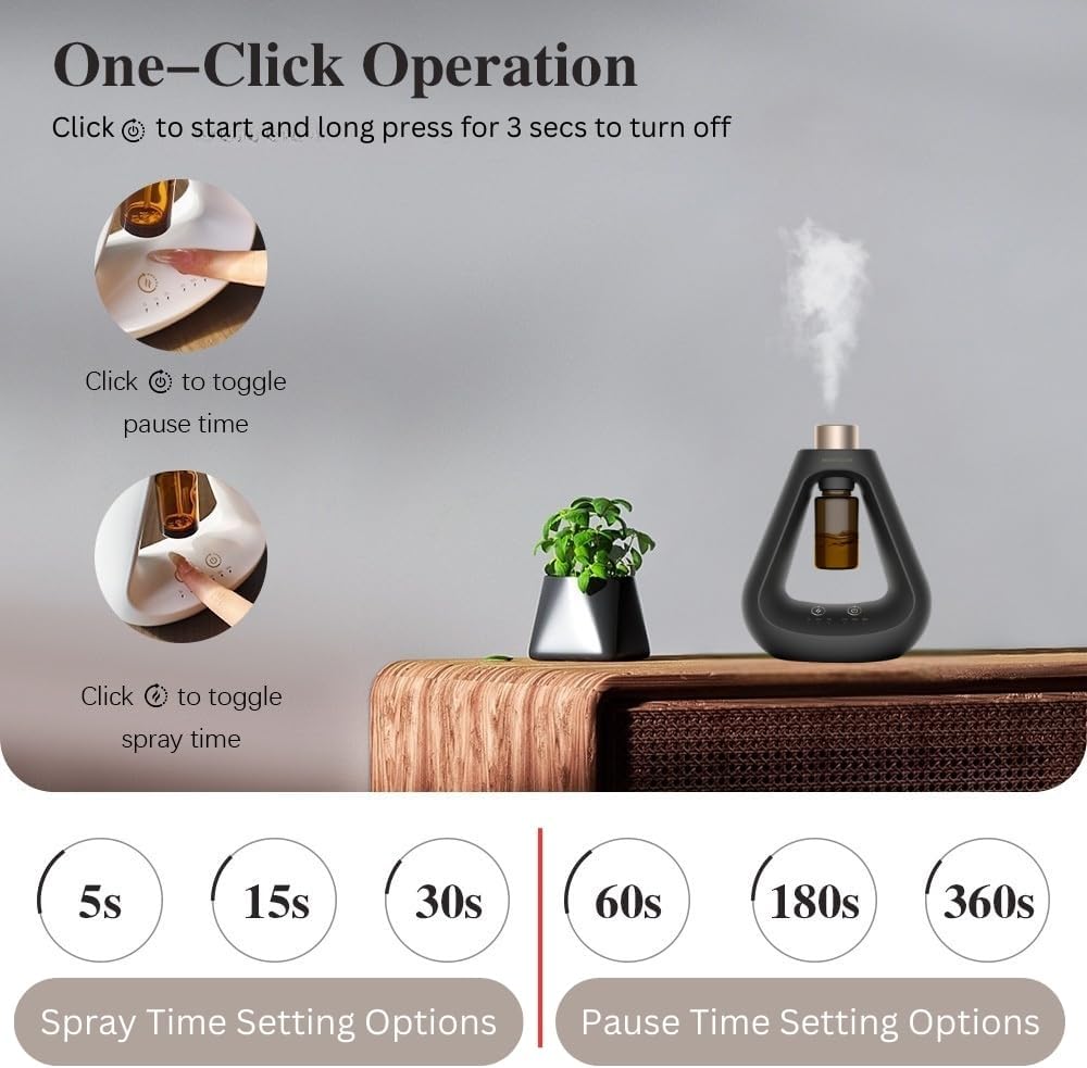 Waterless Essential Oil Diffuser, Aromatherapy Waterless Diffuser for Home Bedroom Office Bathroom Scent Diffuser, Modern Design Small Diffuser Battery Operated with 9 Mist Settings