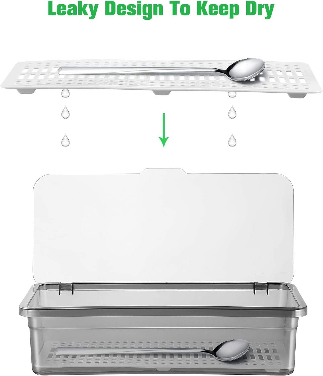 Flatware Tray Kitchen Drawer Organizer with Lid and Drainer- Plastic Kitchen Cutlery Tray and Utensil Storage Container with Cover- - Dinnerware Holder