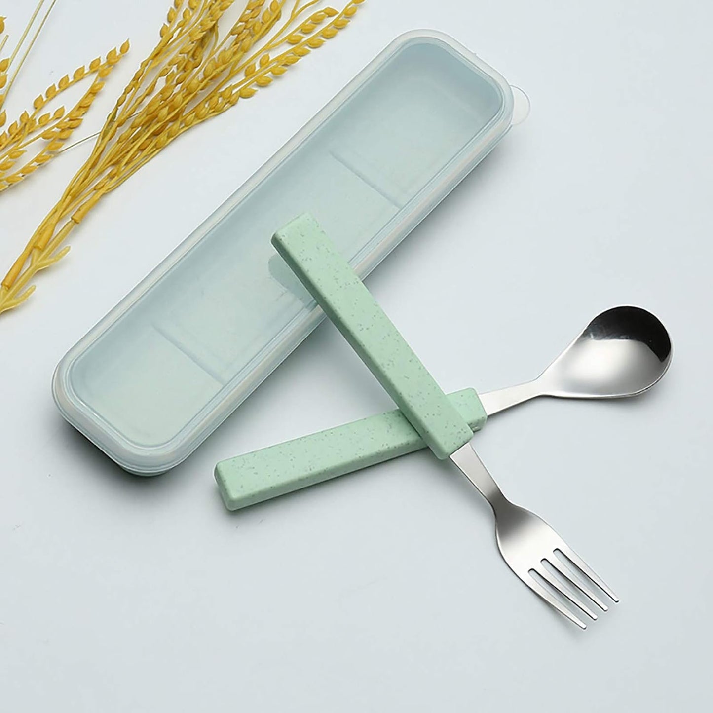 VANRA 2-Piece Children Flatware Set 18/10 Stainless Steel Child Tableware Set Silver Cutlery Set Silverware Dinner Utensils Spoon Fork Set with Travel Case for Kids Toddlers (Chrome Finished) (Green)