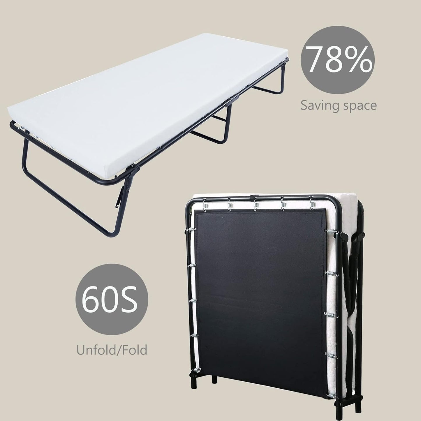 Leisuit Folding Guest Bed Cot Fold Out Bed - Portable Folding Bed Frame with Thick Memory Foam Mattress for Spare Bedroom & Office