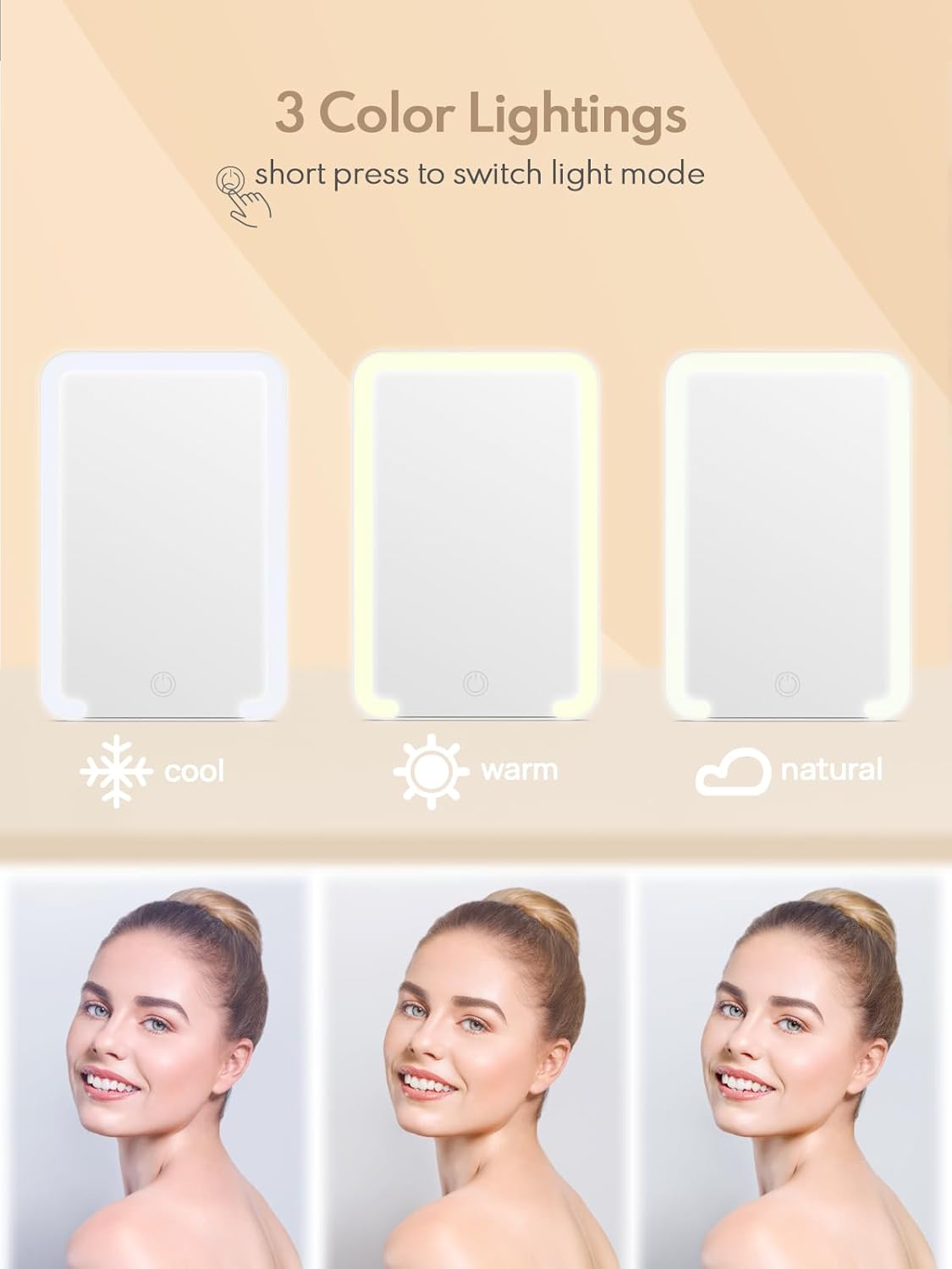 Qislee Travel Makeup Mirror with Lights, 3 Color Modes, Desk Mirror with Foldable Stand, Touch Dimming, Perfect Travel Accessory, White