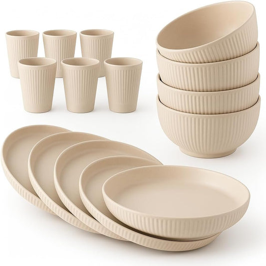 18 PCS Wheat Straw Dinnerware Sets Plates and Bowls Set Kitchen Cups Dinnerware sets for 6 Microwave and Dishwasher Safe Unbreakable Dinnerware Set Dish Set