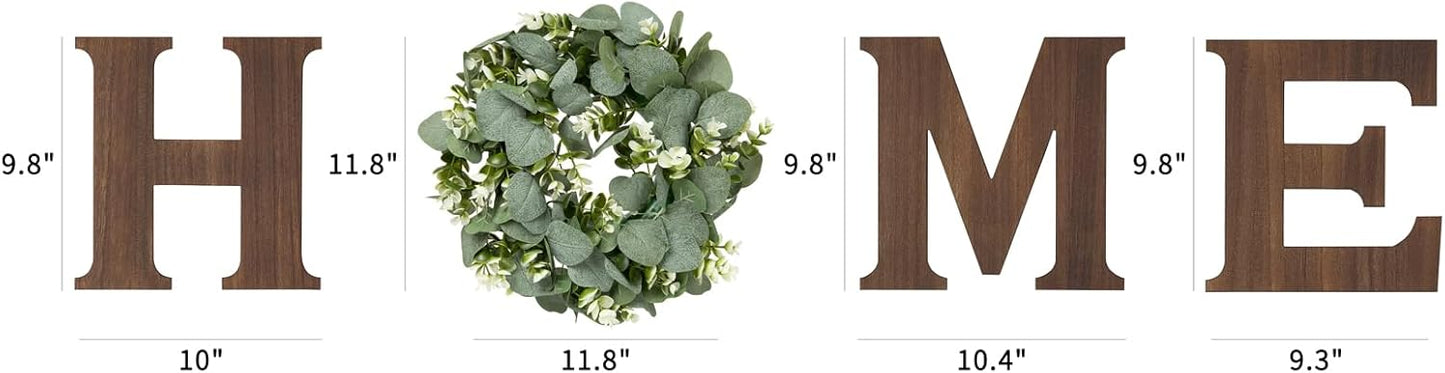 Mkono Farmhouse Wall Home Sign with Artificial Eucalyptus for O Rustic Wooden Hanging Letters Decorative Wall Art Decor for Living Room Kitchen Entryway Housewarming Gift, Brown