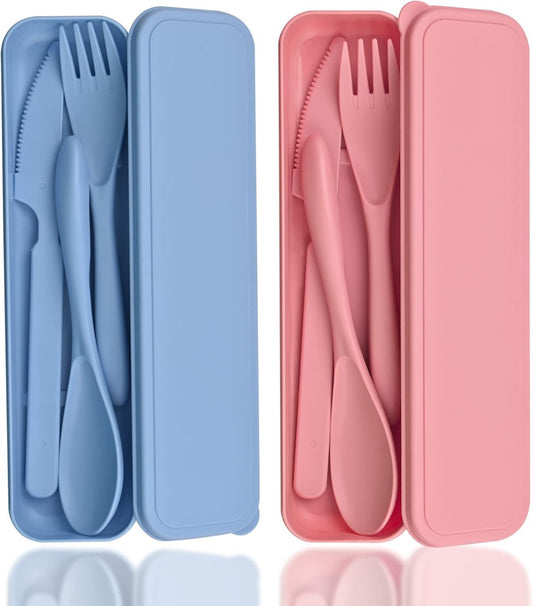 2 Sets Travel Cutlery Set with Case, Reusable Plastic Knife Spoon and Fork Set, Utensils Set for Lunch Box, Portable Camping Flatware Set Service Dinnerware for Picnic School or Daily Use (Blue+Pink)