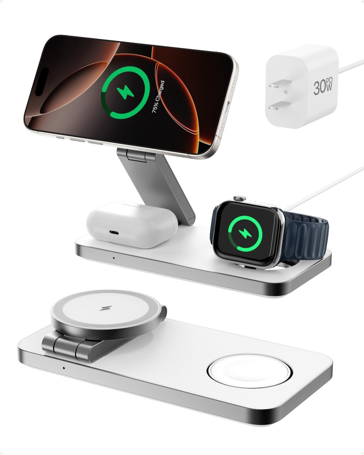 3-in-1 Foldable Wireless Charging Station,15W Qi2-Certified Wireless Charger for Magsafe iPhones,3 in 1 Magnetic Charger Stand for iPhone 16/15/14/13/12, Apple Watch and Airpods .(30W Adapter Include)