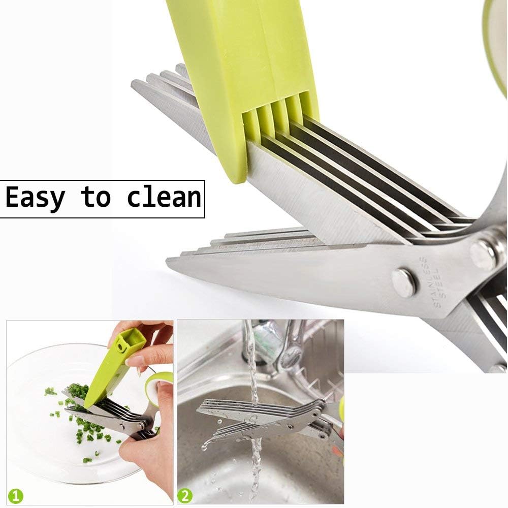 Herb Scissors, Multipurpose Kitchen Shears 5 Stainless Steel Blade with Safety Cover, Cleaning Comb and Herb Stripping Tool (Green)