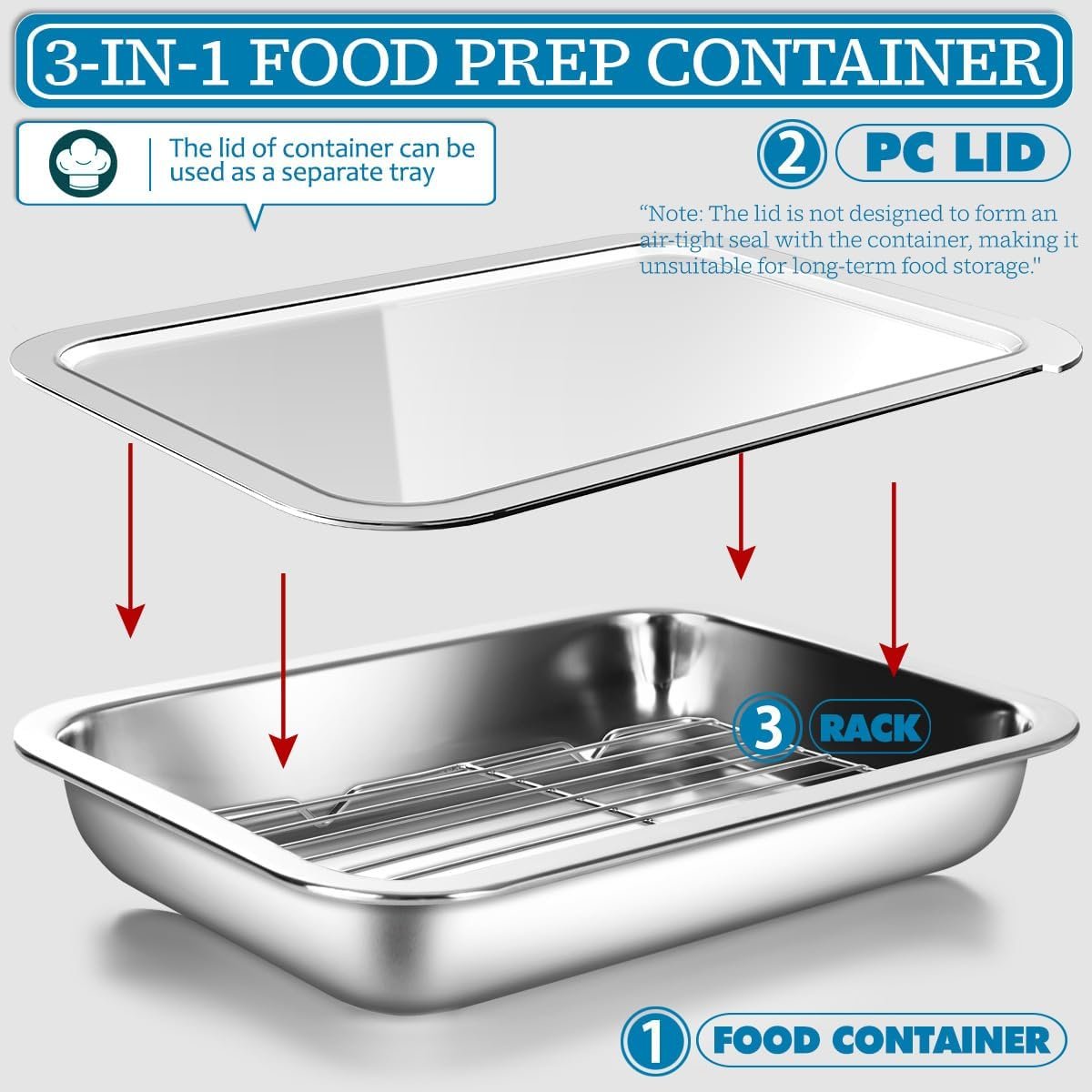 WAGENSTEIGER Stainless Steel Food Prep Container Set with Rack & Transparent Lid, Catering & Buffet Party Pans, Hotel Pans, Food Storage (10.63 x 7.87 x 2 inches / 2.38Quarts)